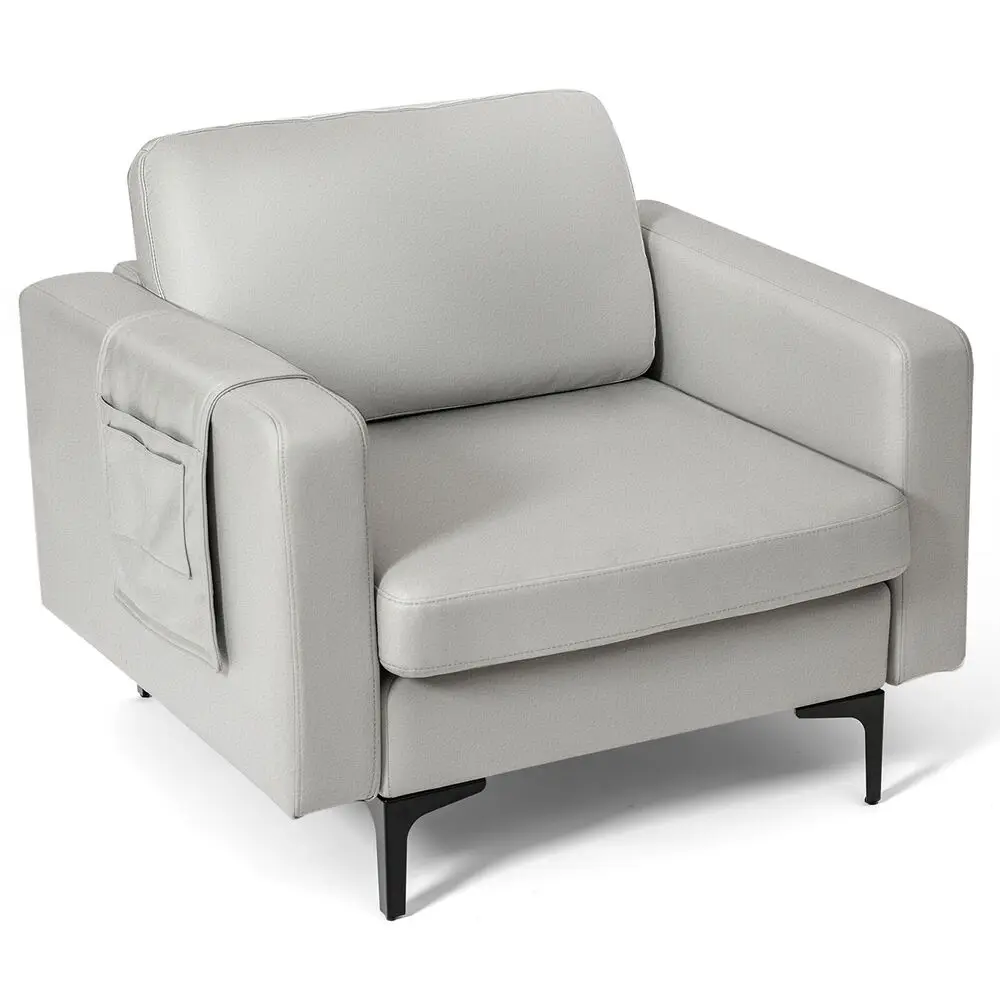 Costway Modern Leathaire Accent Armchair Single Sofa w/ Side Storage Pocket Light Grey