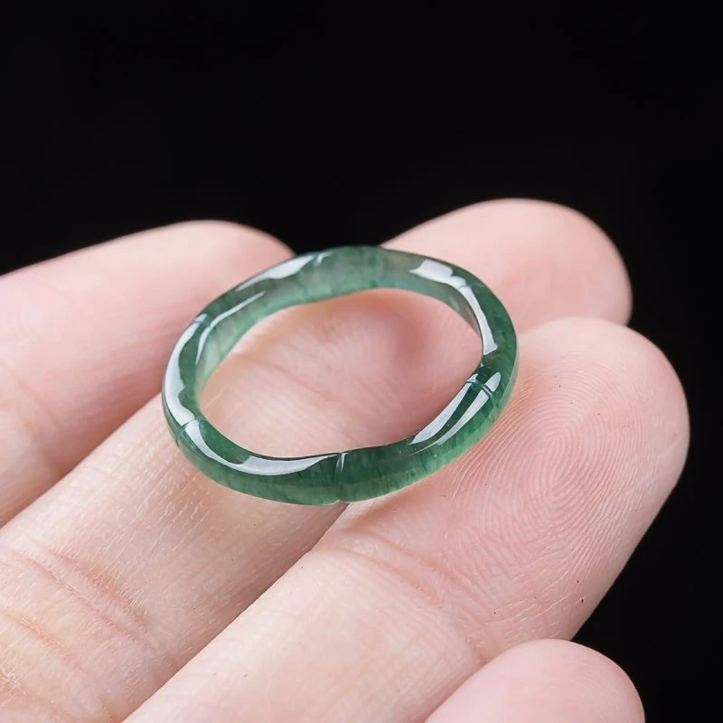 Natural A-grade Jadeite Blue Water Bamboo Ring Three-dimensional Carved Women's Style Fashionable Personality Simple Party Gift