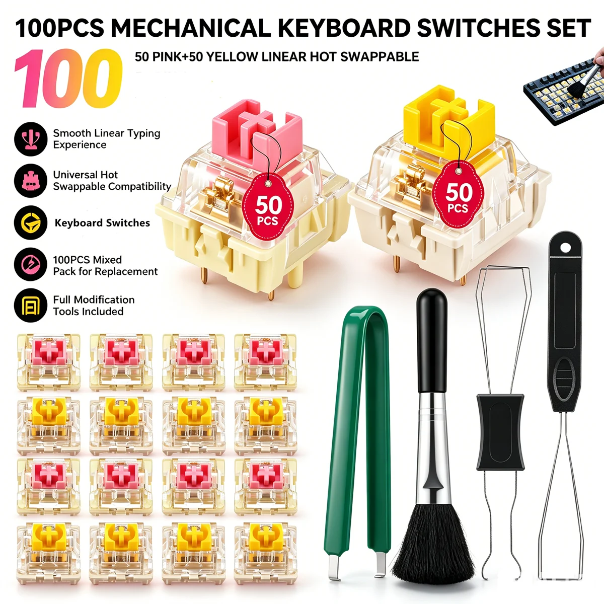 100Pcs Switch for Keyboard 3/5Pin Dustproof Linear Tactile Clicky Silent Switches for MX Mechanical Keyboards Gaming Switch DIY