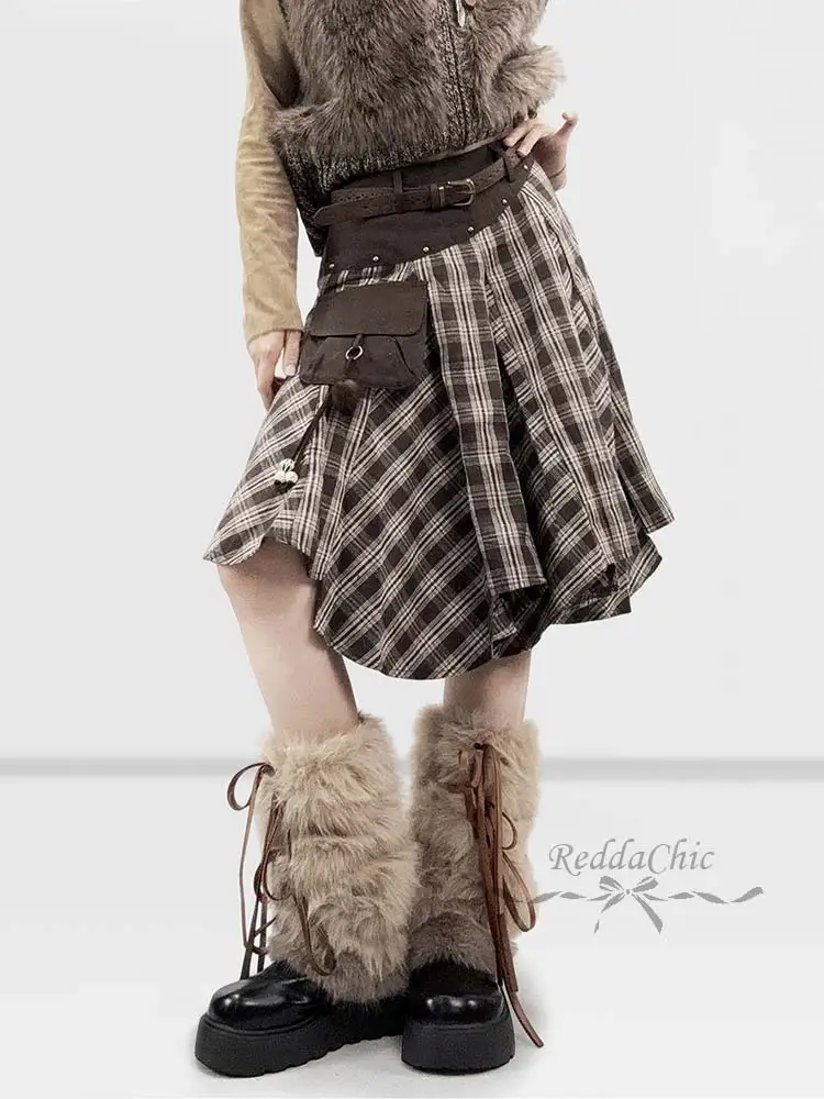 REDDACHiC Hollow Belt Women Cargo Skirt Western Brown Irregular Ruffle Stitch Stud High Waist Knee Long Skirt Retro Streetwear
