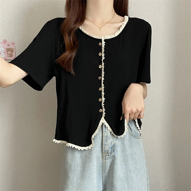 Camiseta de manga corta negra de talla grande para mujer, nuevo estilo 2026, diseño adelgazante que disimula la silueta, para parte superior del cuerpo, para público restringido.