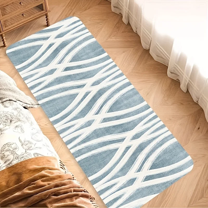 Minimalist Blue White Abstract Cross Curved Line Long Runner Rug, Non-Slip Mat for Bedroom Entryway Bathroom Soft Fresh Decor