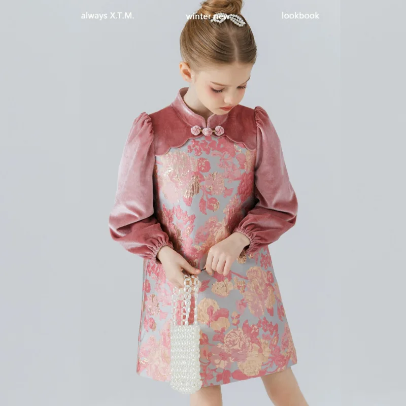 girls'-autumn-and-winter-new-jacquard-faux-two-piece-fleece-lined-new-chinese-style-cheongsam-dress