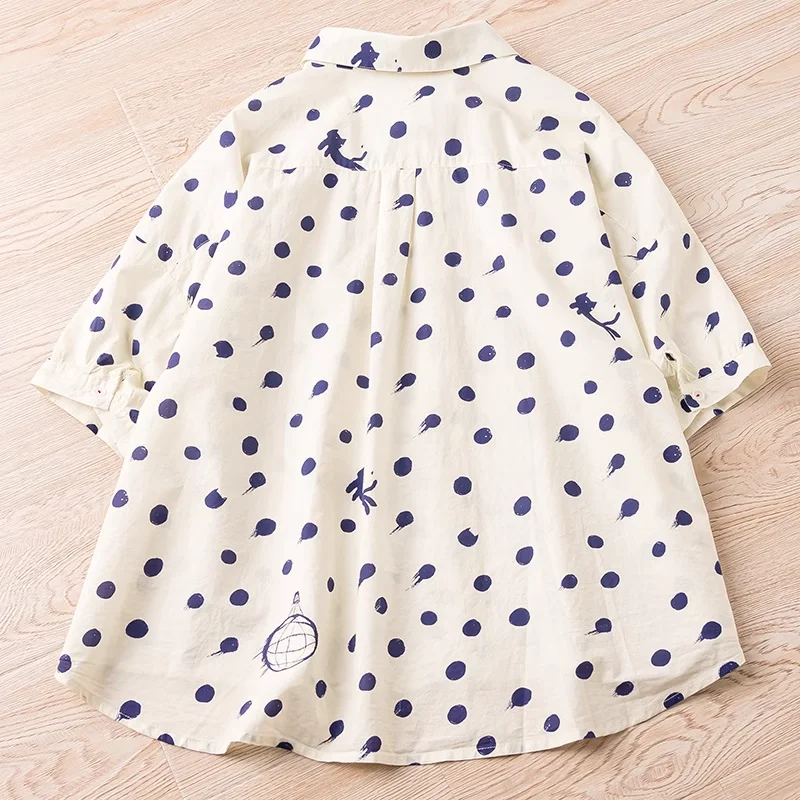 Harajuku fashion cartoon polka dots shirts and blouses for women summer Japan style 100% cotton large size tops female