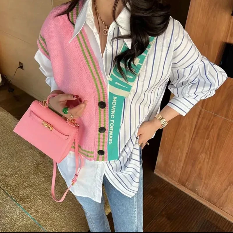 Ins Chic Spring Casual Blouses Women\'s Feminino Stripped Knitted Spliced Patchwork Shirts Casual Bouses Blousa tops NZ209