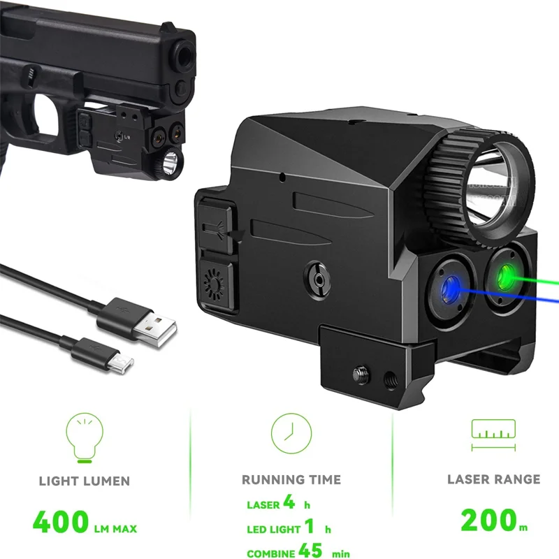 Blue/Green Laser Light Combo, 400 lm Shockproof Laser Light, Rechargeable Laser Sight, Strobe&Steady Flashlight Laser for Pistol