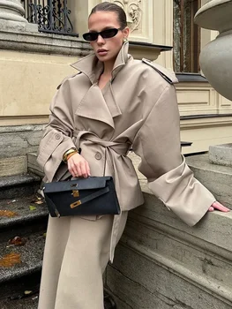 Casual Solid Lapel Lace Up Trench Coat Women's Elegant Long Sleeve Loose Short Coat 2026 Autumn New Daily Commute Street Outwear 4