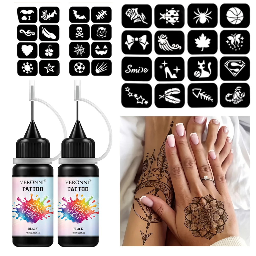 2 Bottles Black Temporary Tattoo Ink Kit With 32 Stencils DIY Body Art Henna Tattoo Set Waterproof Long Lasting