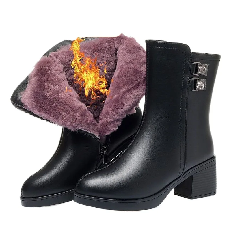 

Winter Mid-Top Casual Fashion Warm Women's Shoes Metal Buckle Round Toe Fashion Middle-Aged and Elderly Cotton Boots Snow Boots