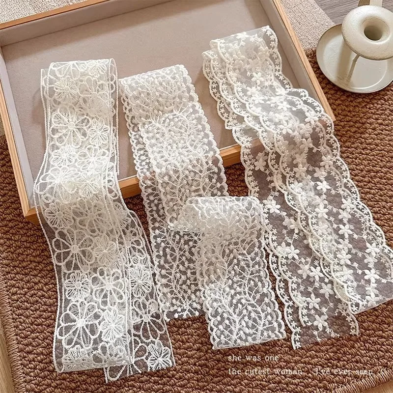 White Lace Embroidered Flower Scarf Versatile Hair Bandana Waist Belt Flowing Ribbon Wrap Women Fashion Sweet Accessories Soft