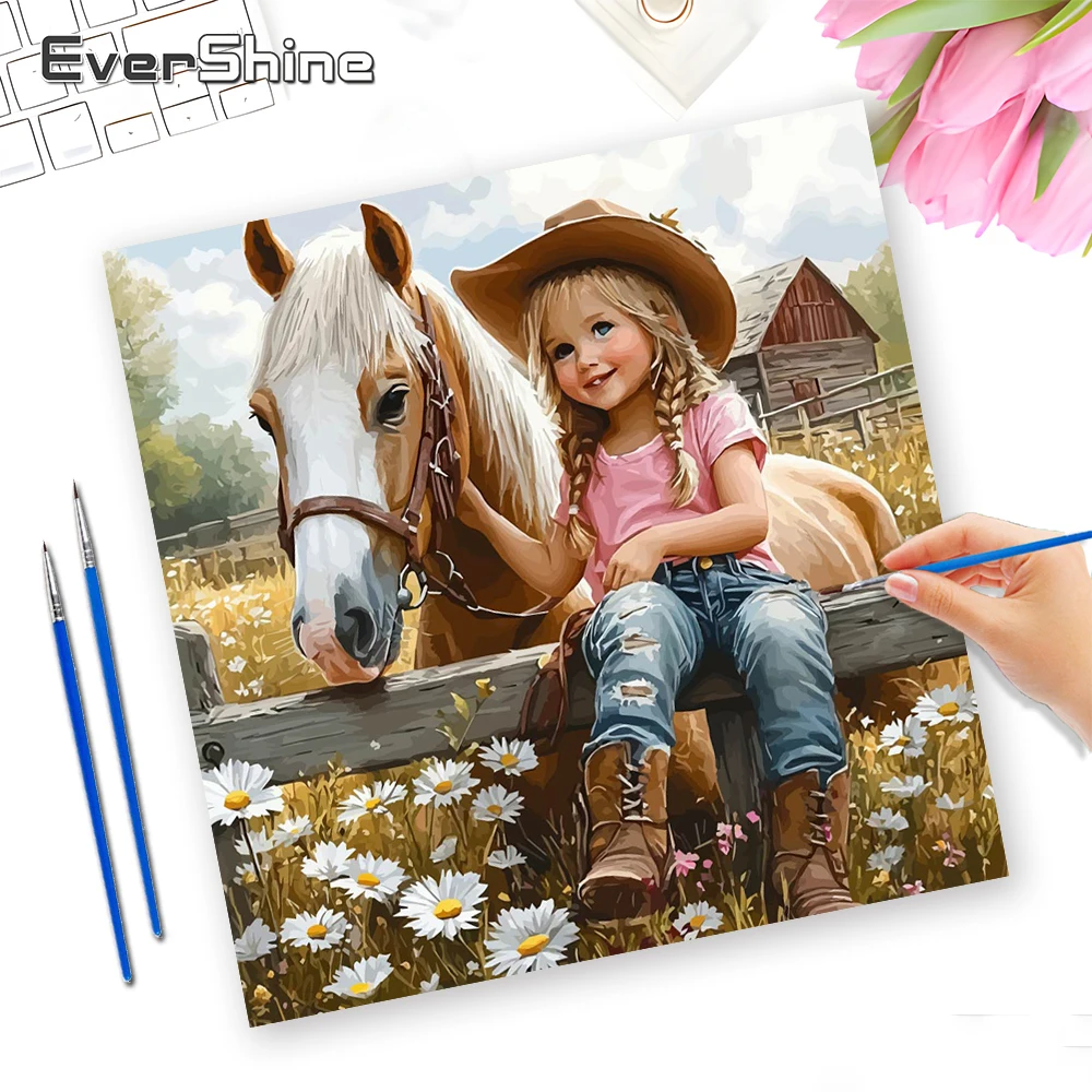 EverShine Malen nach Zahlen Set Porträt Zahlenmalerei Mädchen Kunst Figur Zeichnen Buntes Pferd Leinwand Heimdekoration