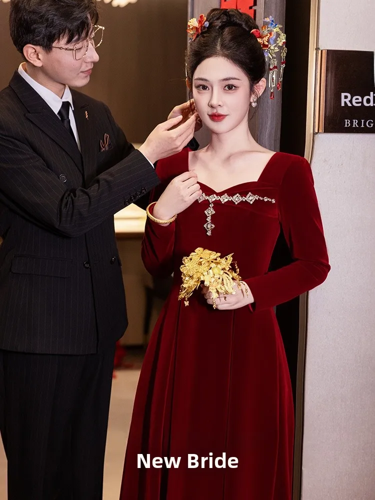 

Бархатное свадебное платье цвета красного вина, длинное, приталенное, в корейском стиле, для свадебных торжеств и выступлений