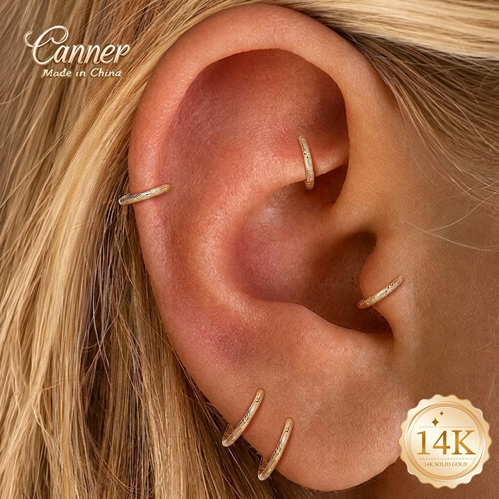 CANNER 14K Solid Gold Luxury Simple Stackable Earring Ring Classic Geometric Exquisite Finger Lip piercings Wedding Jewelry Gift