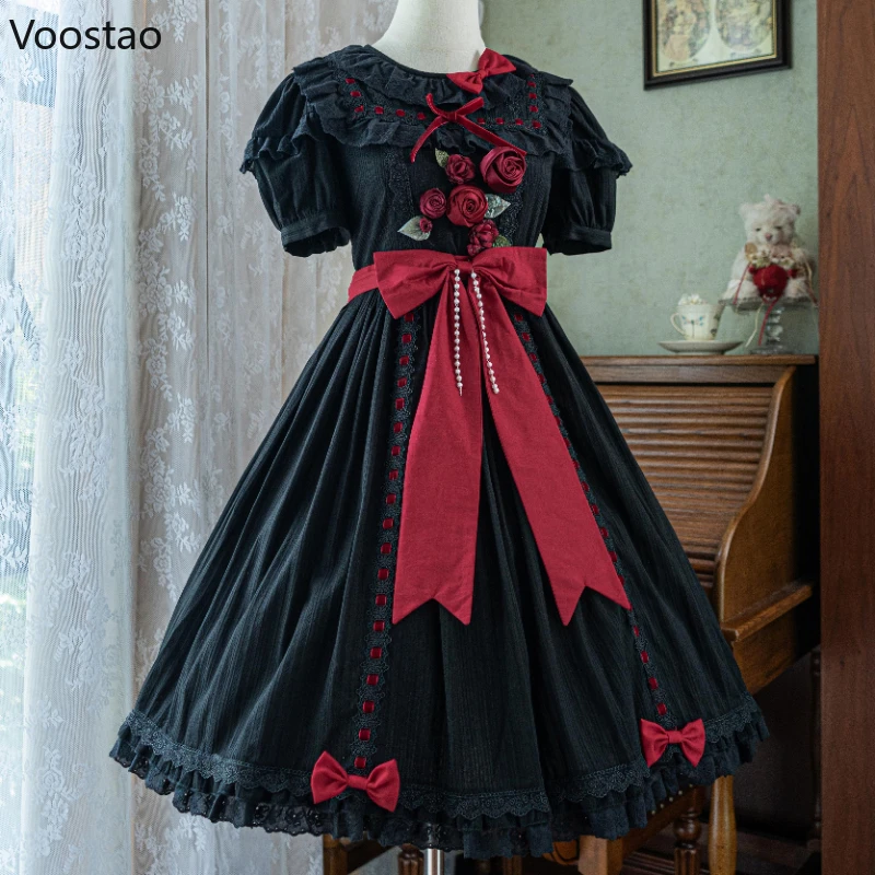 Vestido gótico victoriano Lolita Op para mujer, vestido elegante Vintage de encaje con lazo rosa, Vestidos de fiesta de té de princesa, Vestidos de hada dulce para mujer, Y2k