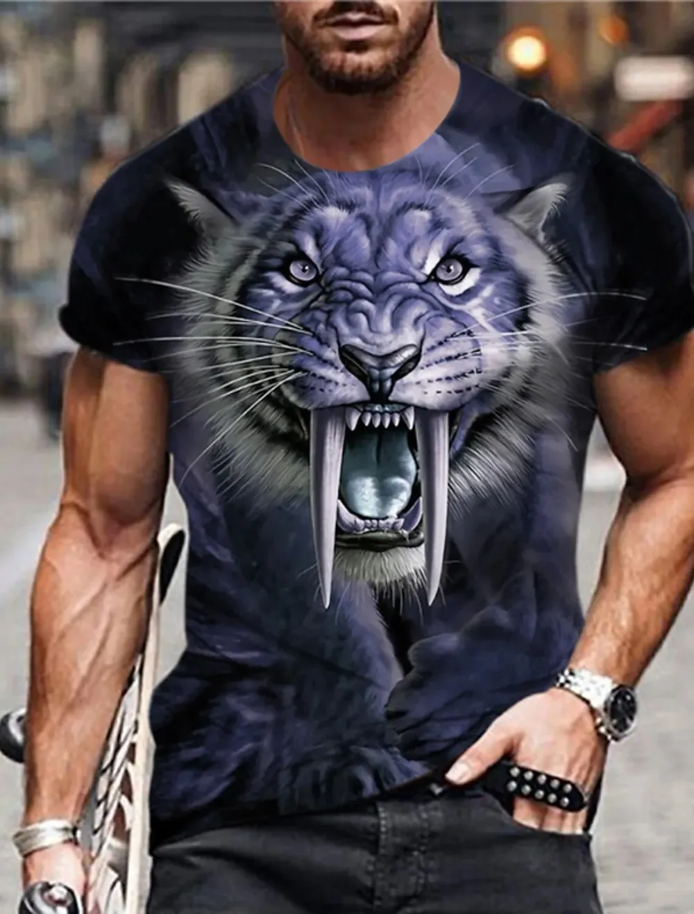 Retro Animal Saber-toothed Tiger 3D Print Men's Sports Breathable Loose T-shirt - Fashionable, Individual, Casual and Trendy Top