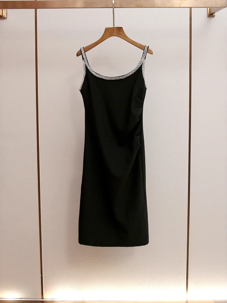 High End Women's Clothing Autumn New Style French Temperament Niche Diamond Studded Suspender Long Slimming Dress for Women