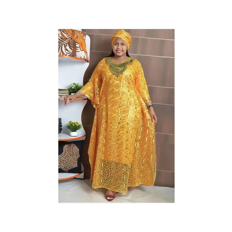 Dashiki African Dresses for Women Spring Summer African Women Blue Yellow O-neck Long Dress Inner and Headtie African Clothes