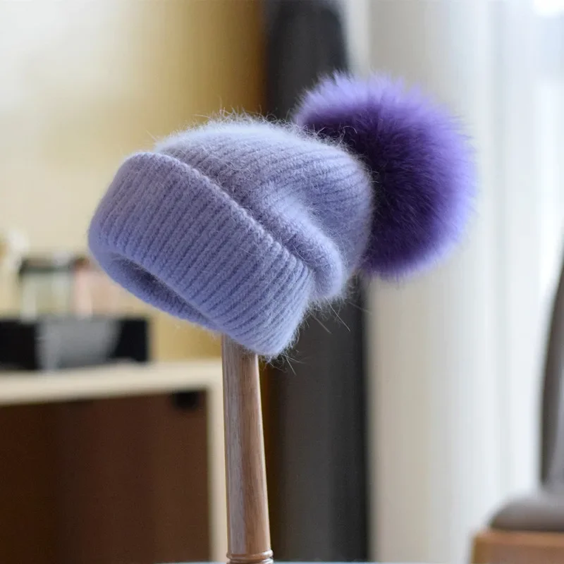 Winter Women's Real Fox Fur Pom-Pom Knitted Beanie Cap with Rabbit Fur Trim and Cashmere Touch