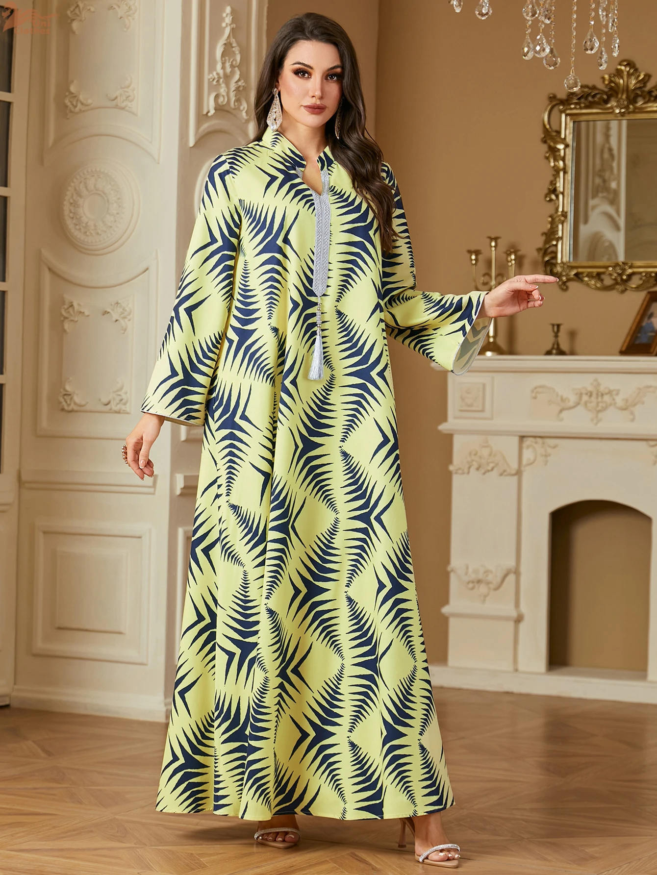 Uni ใหม่มุสลิมพิมพ์ลายดอกไม้ Maxi Abaya พู่แขนยาวชุด Caftan Marocain Femme 2025