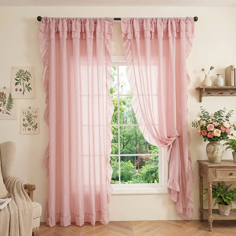White Ruffle Chiffon Curtains Road Pocket Shade Curtain Floral Tassel for Kitchen Bedroom Living Room Bay Window Cabinet Curtain