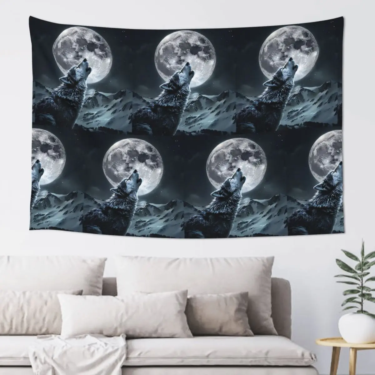 Howling Wolf Under The Moonlight Print Tapestry Hippie Wall Hanging Aesthetic Home Decor Tapestries for Living Room Bedroom Room