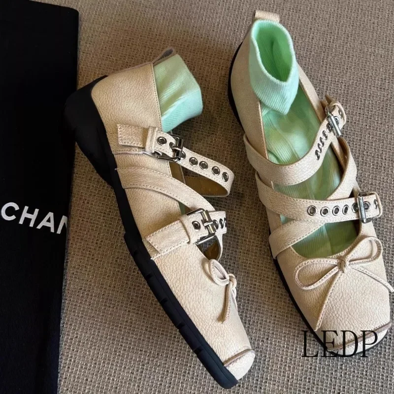 

Women's Square Bow Sports Ballet Shoes with Cross Buckle and Shallow Mouth Genuine Leather Retro Mary Jane Single Shoes