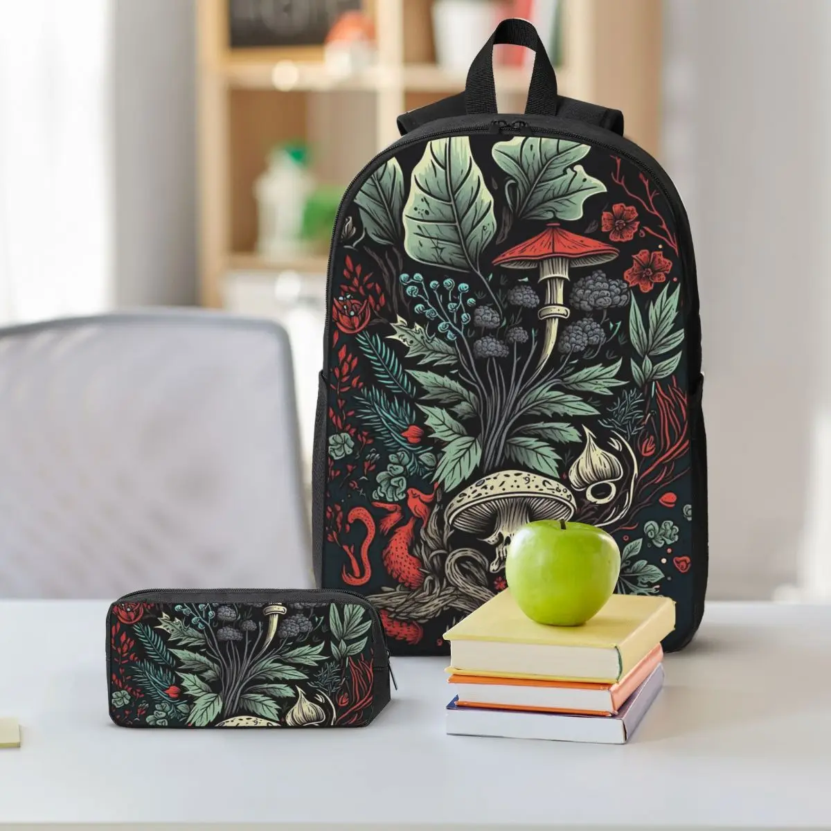 Red Mushroom And Plant Design Backpack Boys Girls BookBag School Bag Shoulder Bags 3ps Insulated Lunch Bag Pencil Case