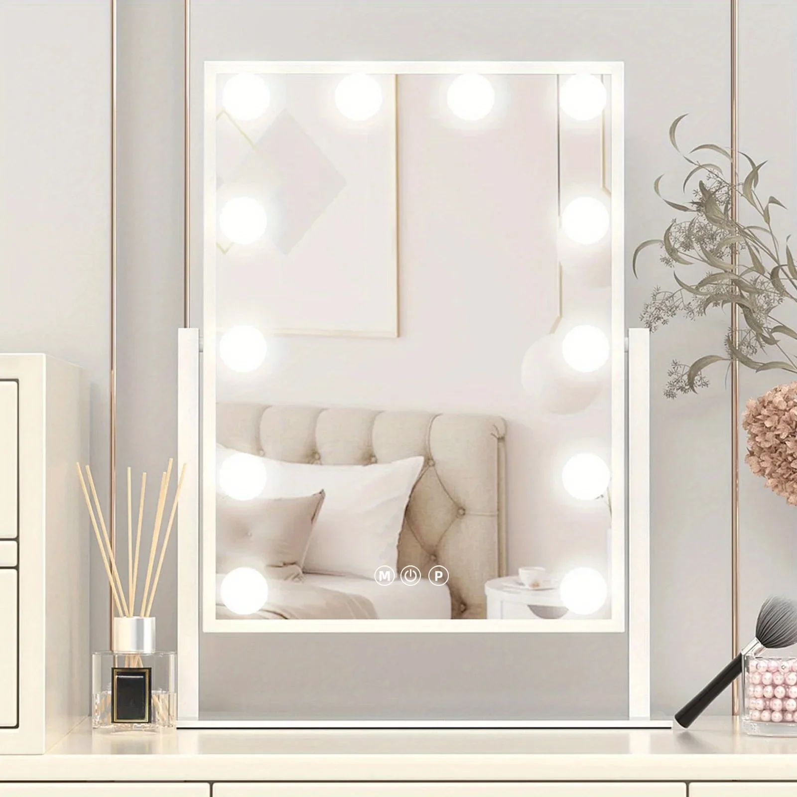 

Tabletop Vanity Mirror with 12 LED Bulbs with 3 Color Lighting Modes, Bedroom, Bathroom Vanity Mirror, Touch Controls