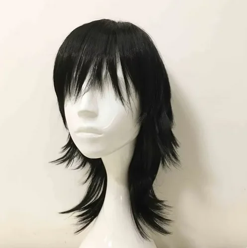 Emo Pruik Unisex Zwart Mullet Stijl Pruik Gelaagde Pony Pruik Middellange Rechte Cosplay Anime Pruik