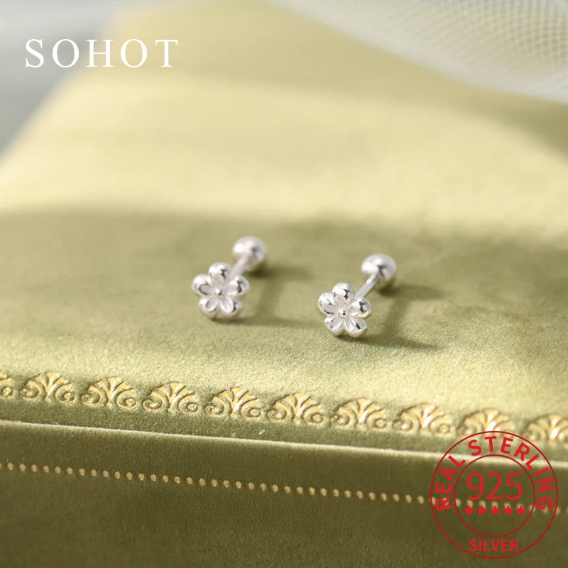 

Real 925 Sterling Silver Minimalist Flower Tiny Piercing Screw Bead Stud Earrings for Women Cute Party Fine Jewelry Accessories