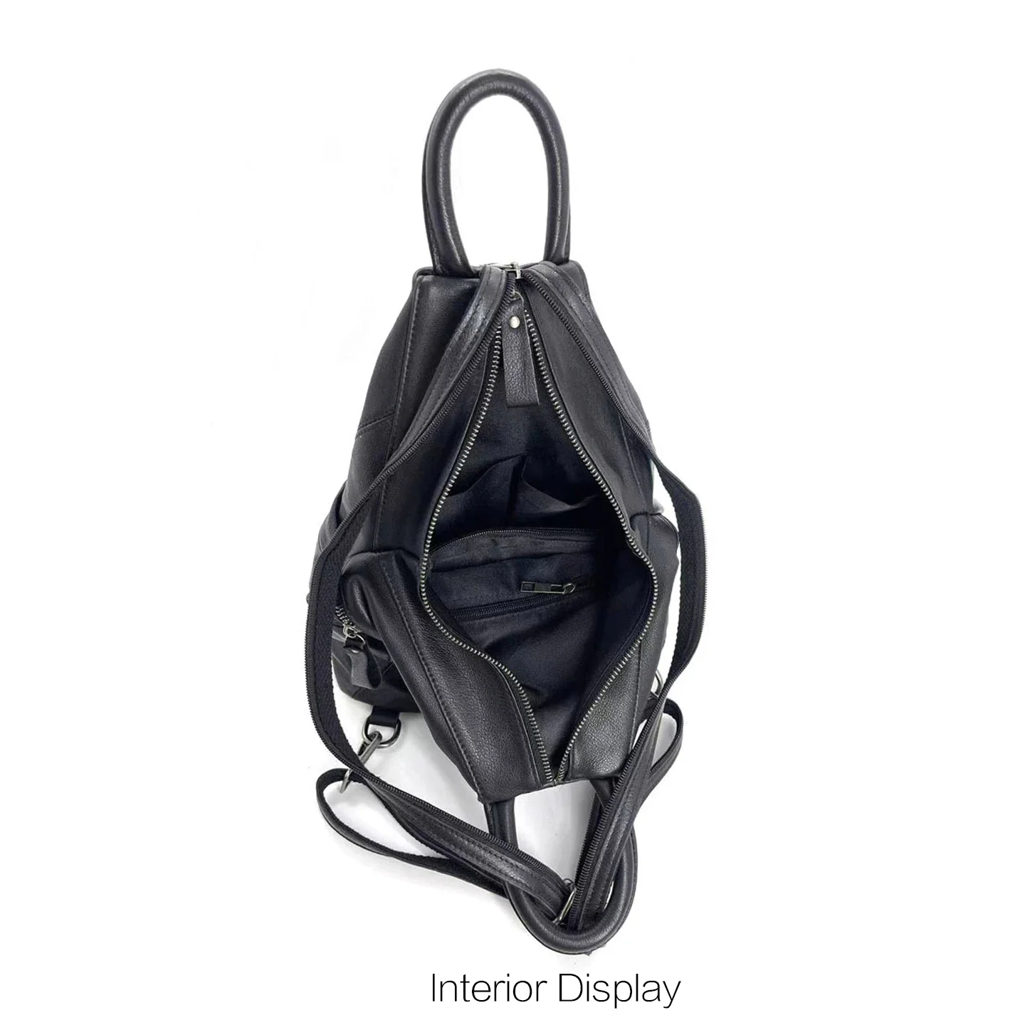 Unisex Triangular Irregular Shape Genuine Top Grain Cowhide Backpack Men Women Rucksack Commute Travel Daily Use Black Bag