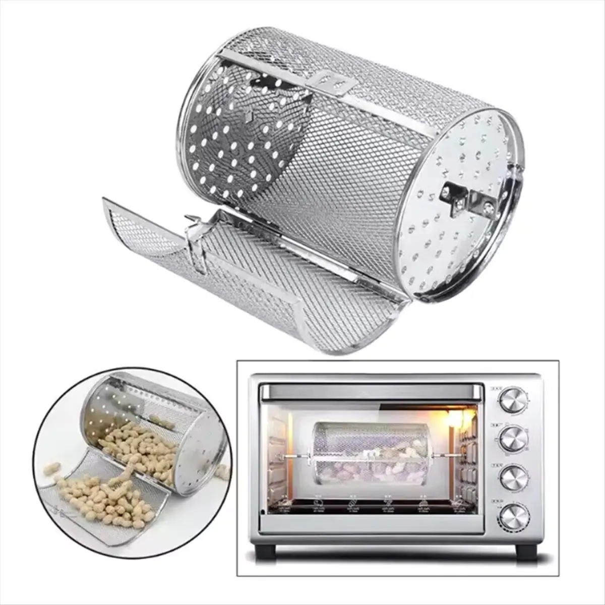 AA77 NEW Stainless Steel Grill Rotisserie Oven for Kitchen Fry Basket Coffee Bean Grilled Cage Drum Rack Air Fryer Accessories