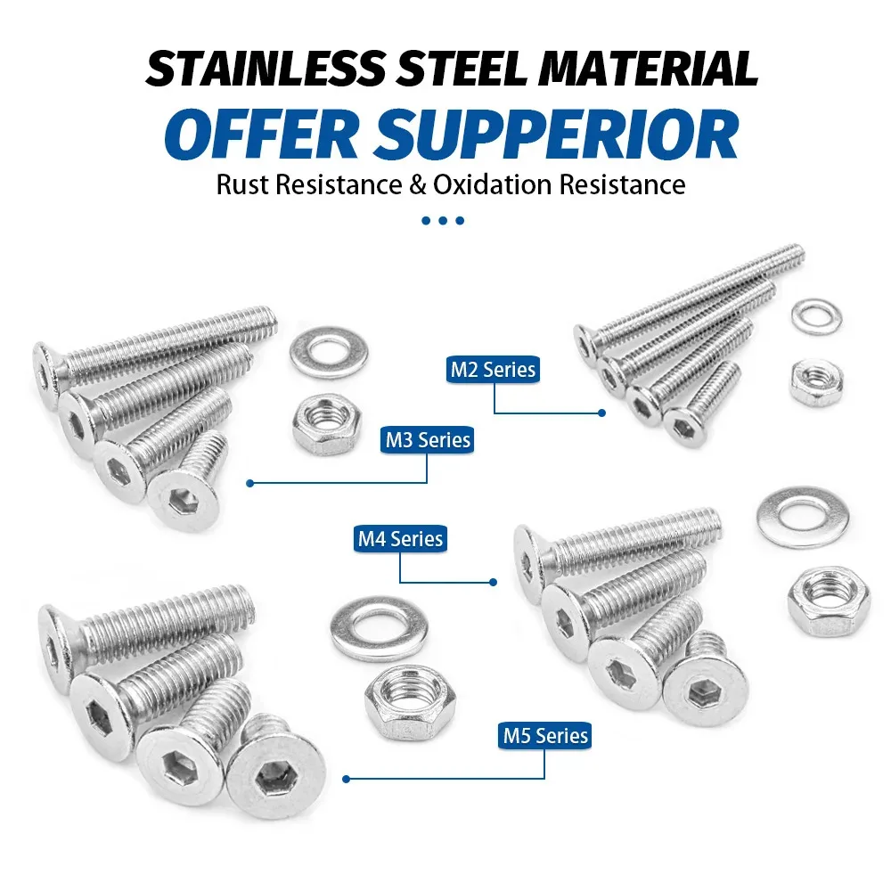 880Pcs Stainless Steel 304 Hex Socket Flat Head Screws Assortment Kit M2 M3 M4 M5 Countersunk Bolts Set with Storage Box