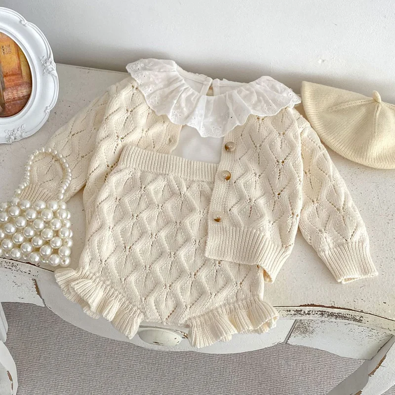 Baby Mädchen lange Ärmel einfarbig aushöhlen Strickjacke Mantel Shorts Kleidung Set Kleinkind Kinder Baby Mädchen Kinder anzug