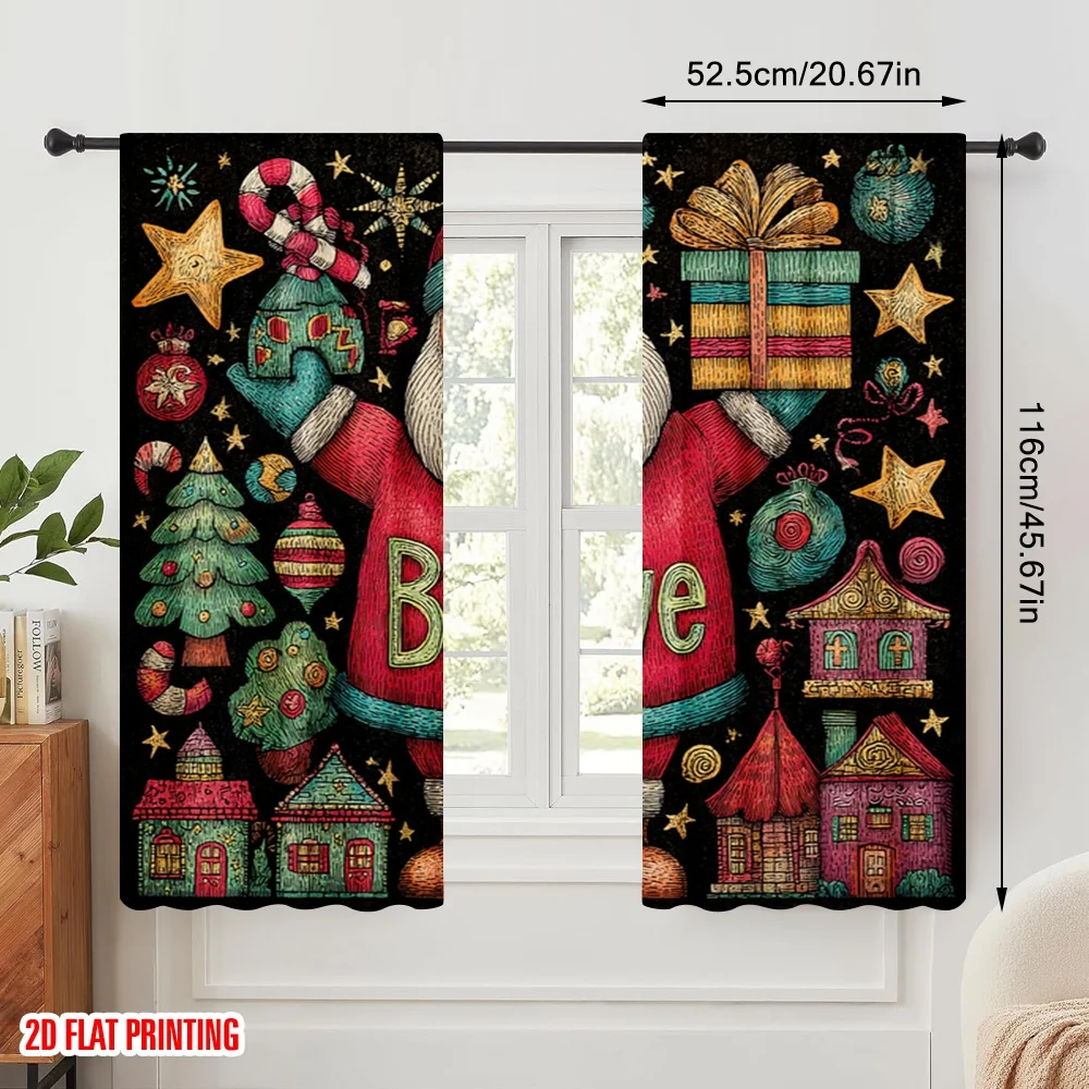 2pcs,2D plane printing Pattern Curtains Santa Claus with Presents1 Polyester Fabric (without rod) Home Decor Perfect for Living