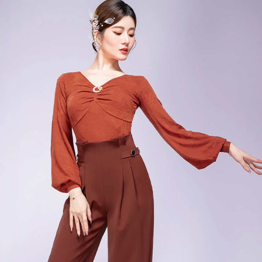 Mangas acampanadas, Top de baile de salón negro, vals, salón de baile, fucsia, elegante, moderno, ropa de práctica, vestido de salón caramelo