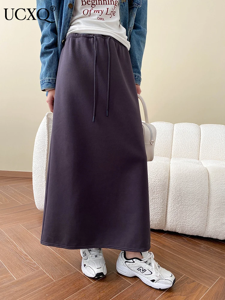 UCXQ Drawstring Design Thick Warm Skirts For Women Elastic High Waist Minimalism All-match Skirt Female 2024 Winter New 26C1483