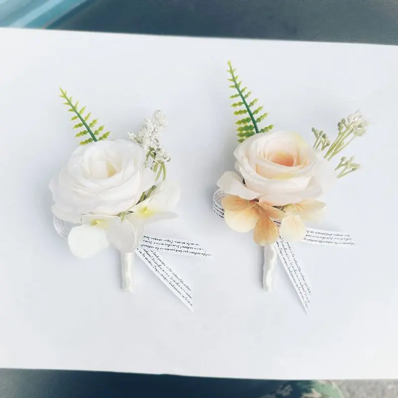 Boutonnieres Flowers Artificial Roses Silk Ivory Corsage Buttonhole Groomsmen Boutonniere for Men Wedding Accessories