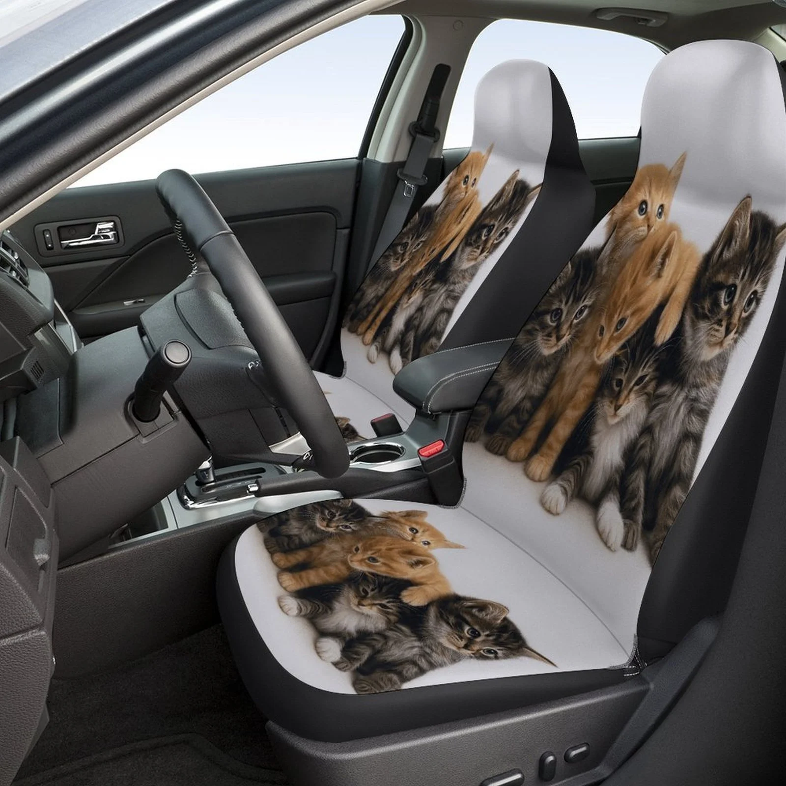 Cute Kittens Group Designed Car Seat Covers Set For Most Cars, Trendy Novelty Decorative Car Seat Protector Covers Full Set, Uni
