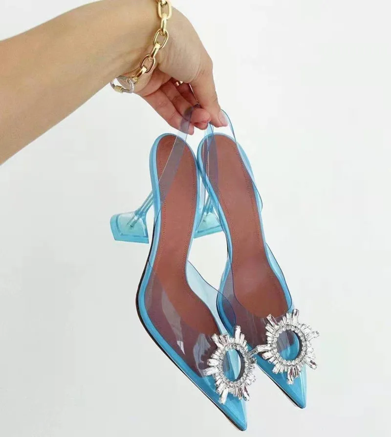 Fashion Women Pumps Sandals Summer Sexy Slingback High Heels Rhinestones Elegant Pointed Toe Transparent PVC Party Wedding Shoes