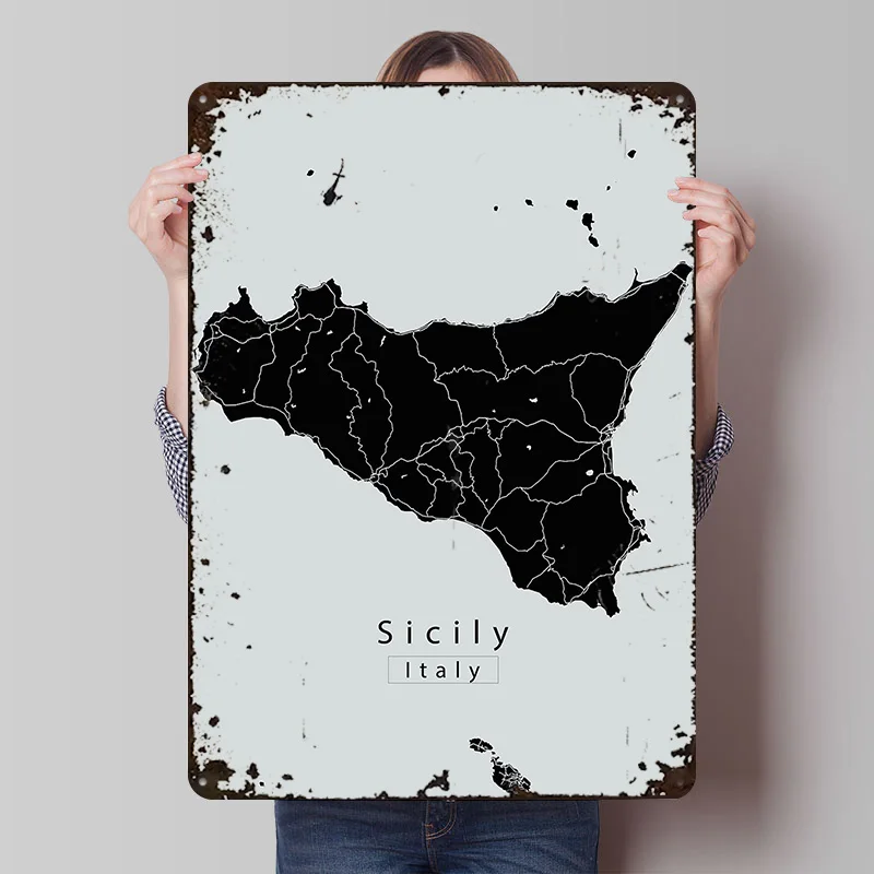 Sicily Island Map Poster Customized Wall Art Vintage Metal Signs Retro Tin Plaque for Man Cave Gaming Decoration Room Desk Decor
