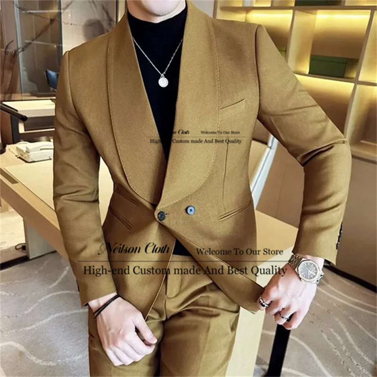 

Fashion Double Breasted Male Prom Blazers 2 Pcs Sets Shawl Lapel Groom Wedding Tuxedos For Men Slim Fit Groomsmen Costume Homme