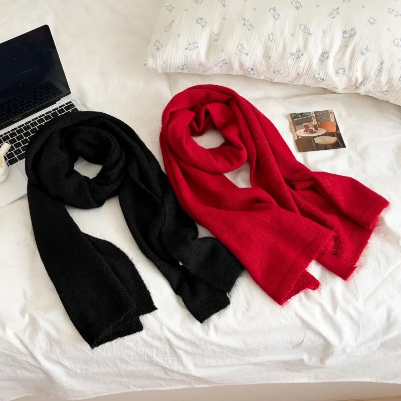 Solid Color Knitted Flat Scarf Women's Autumn and Winter Korean High-end Sense Solid Color Warm Scarf Student Versatile Couple