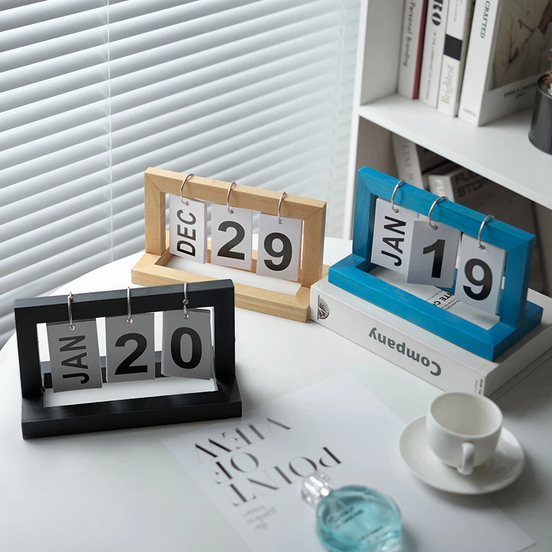 Pastoral Style Wooden Perpetual Calendar,Nordic Wooden Calendar Flip Month Date Display,Bedroom Office Desk Small Decoration