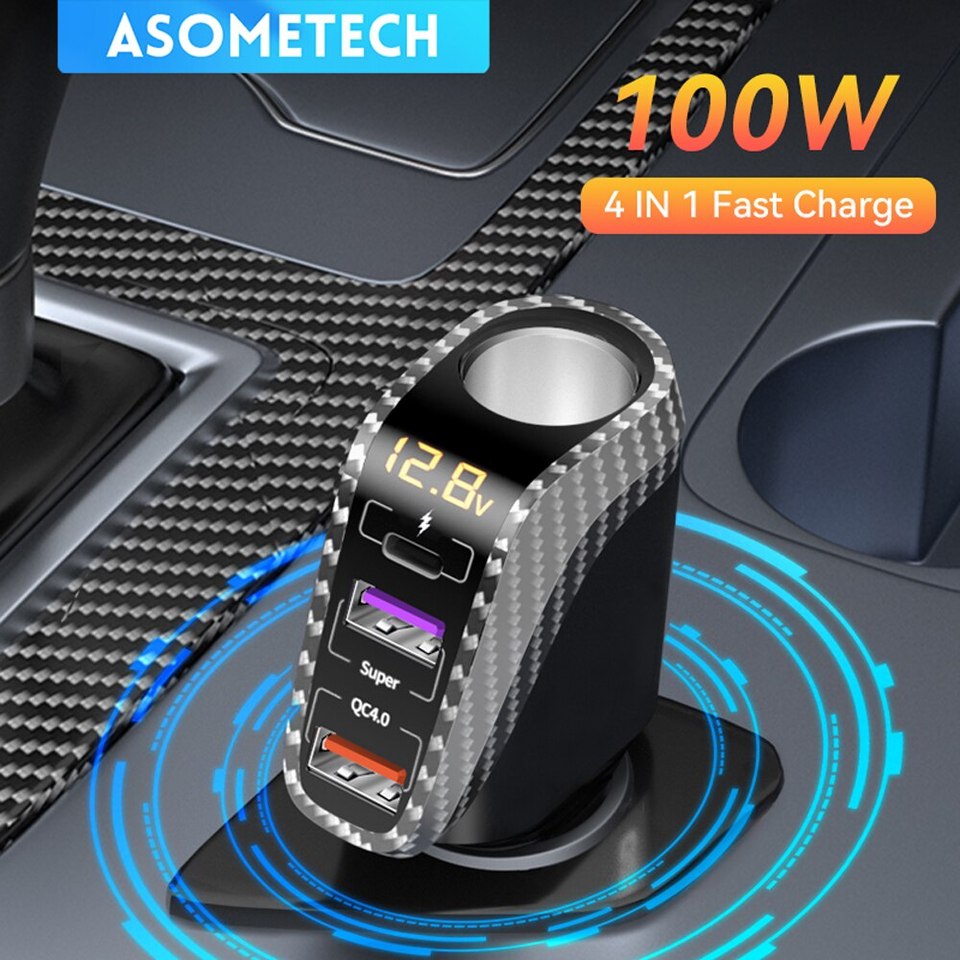  ASOMETECH USB Car Charger With 90W Cigarette Lighter Expansion Port PD SCP FCP Quick Charge For iPhone Samsung Huawei 