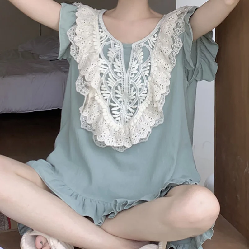 Korean Japan Cotton Sleepwear for Women Sweet Lace Ladies Ruffle Edge Flying Sleeves Home Clothes Pajamas Long Skirts 6
