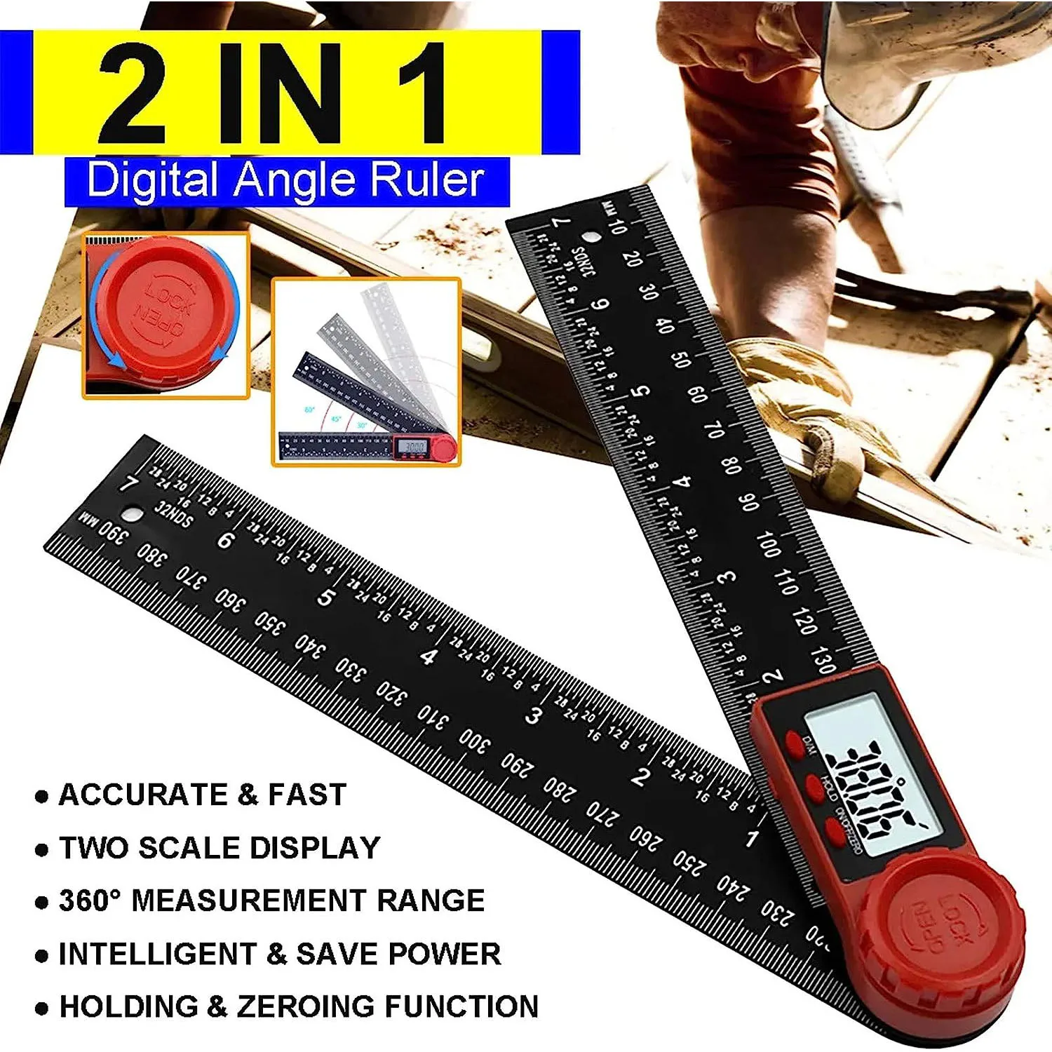 2 in 1 Angle Measurement Tool, Digital Protractor, Multifunctional 360 Degrees Inch Metric Scale Rulers,for Woodworking DIY Tool