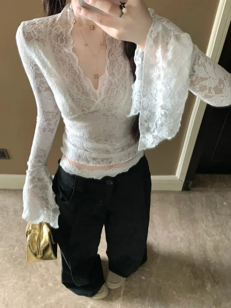 

Women Y2K Long Sleeve Lace Shirt Sexy V Neck Slim Fit Slimming Base Tshirt Inner Layer Top