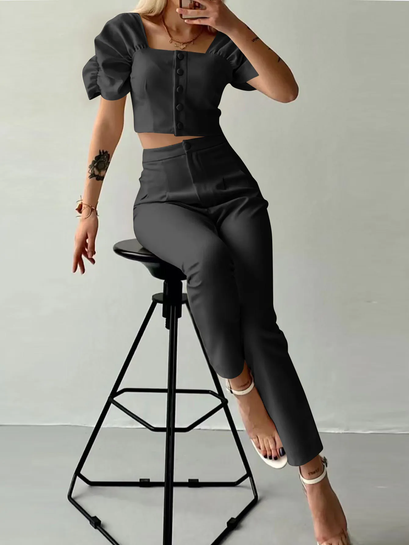 Elegant Women's Office Two Piece Sets Summer Fashion Solid Square Collar Single Breasted Short Sleeve Top & Long Pants Suit