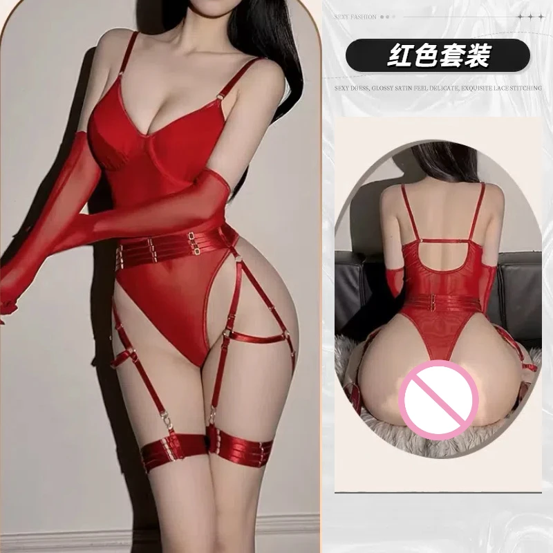 100kg Plus Size Lingerie Bodysuit with Garter Gloves Perspective Sexy Onesie Mesh Stitching Underwear Shapewear Complex Babydoll